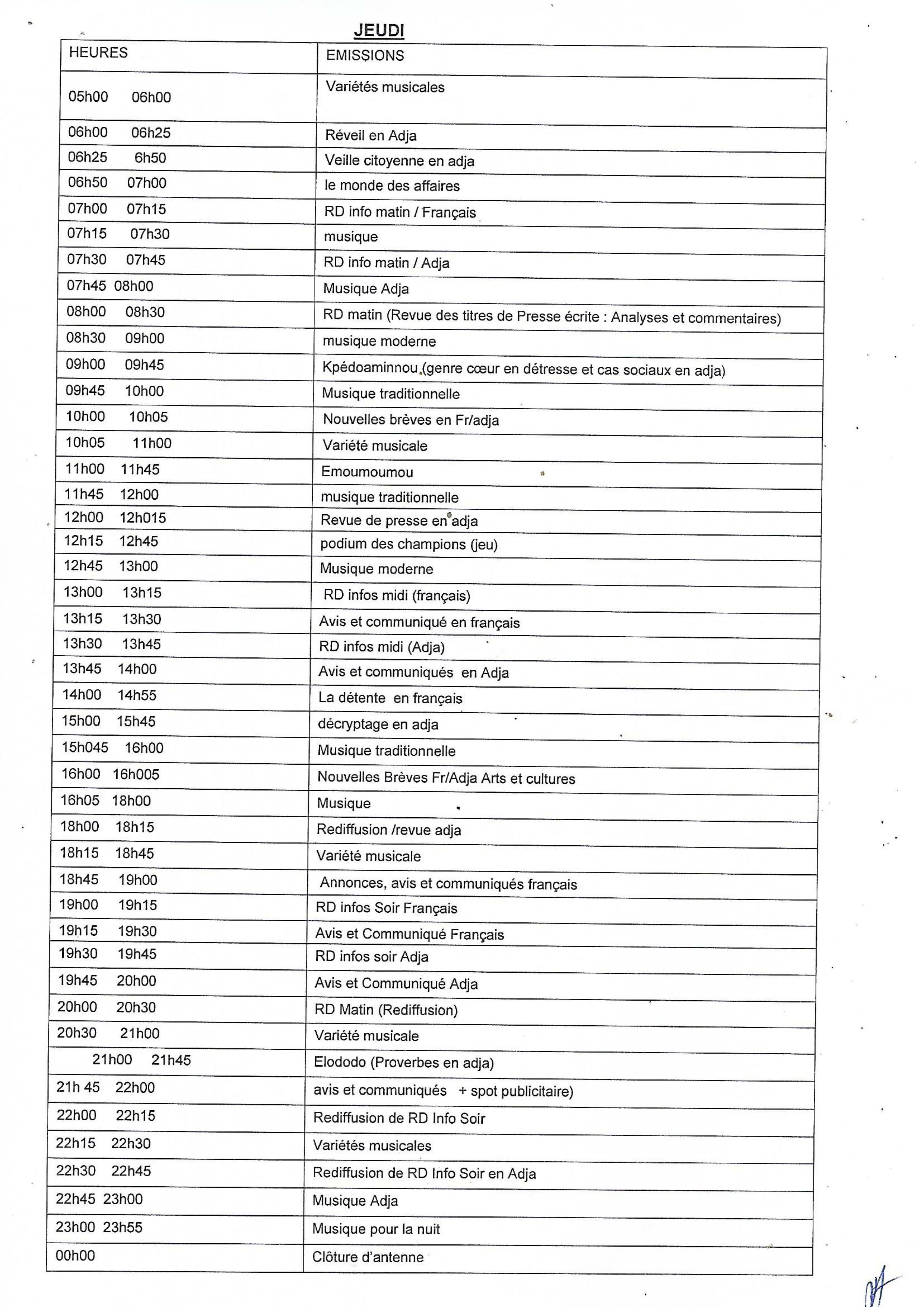 Programme du jeudi de Dogo fm