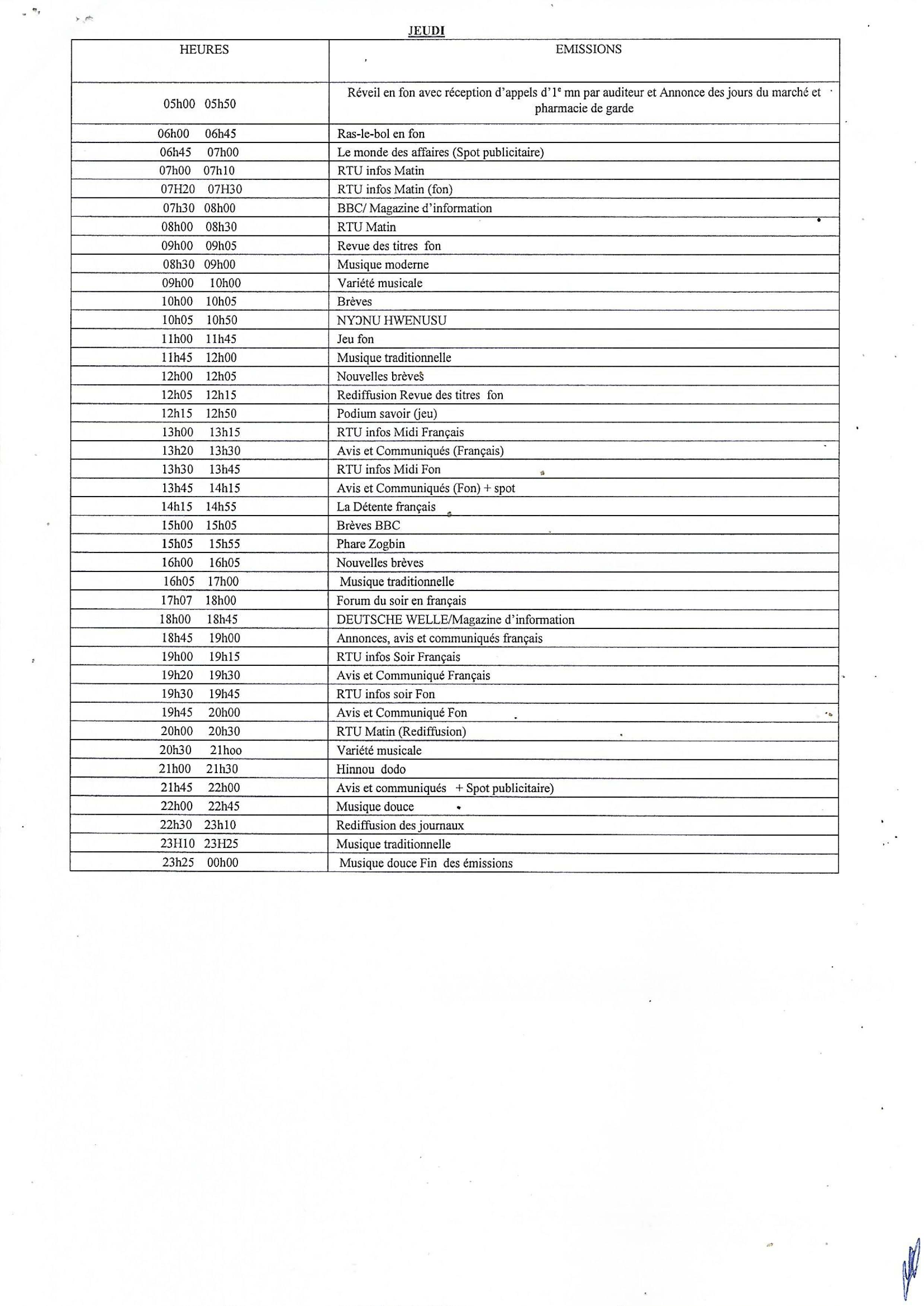 Programme du jeudi de la RTU