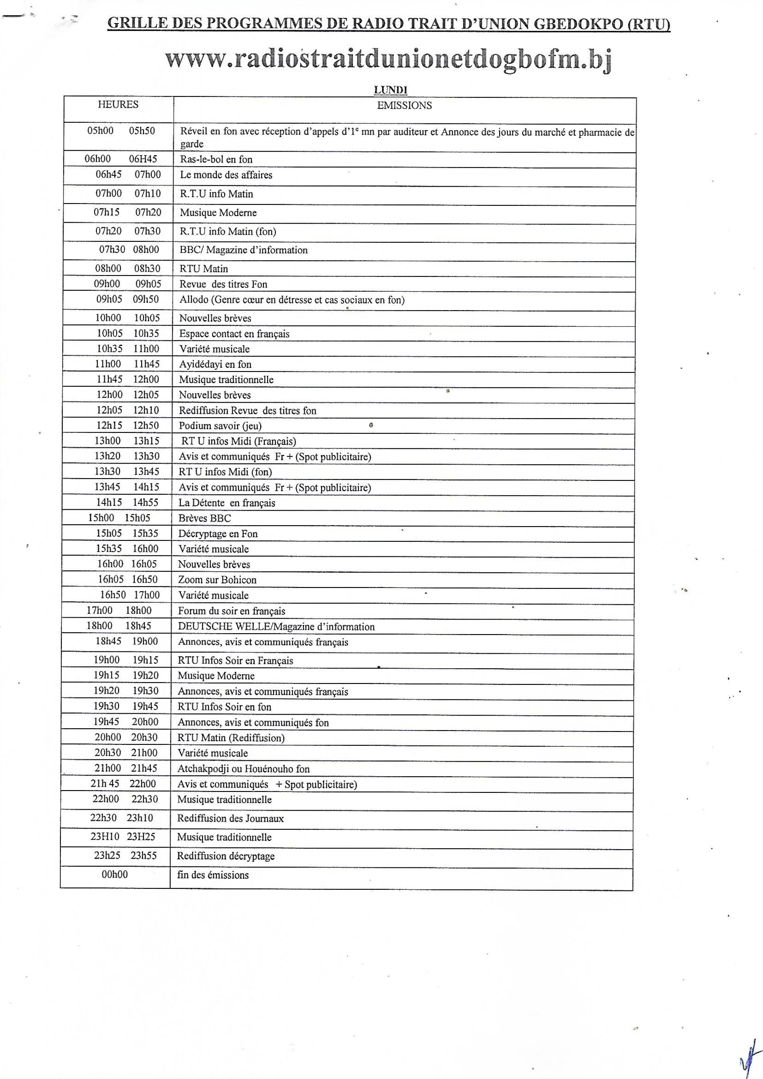 Programme du lundi de la RTU