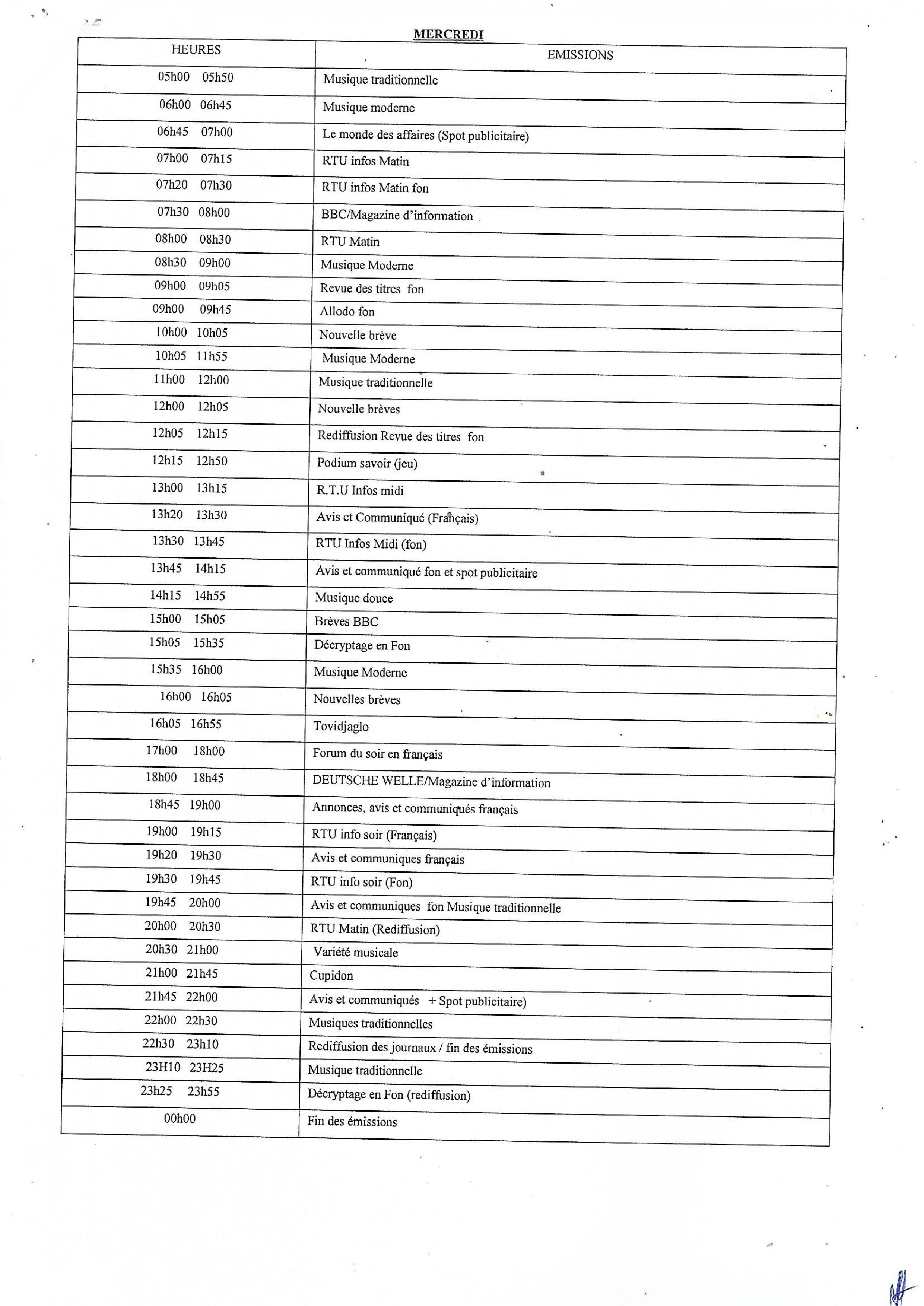 Programme du mercredi de la RTU