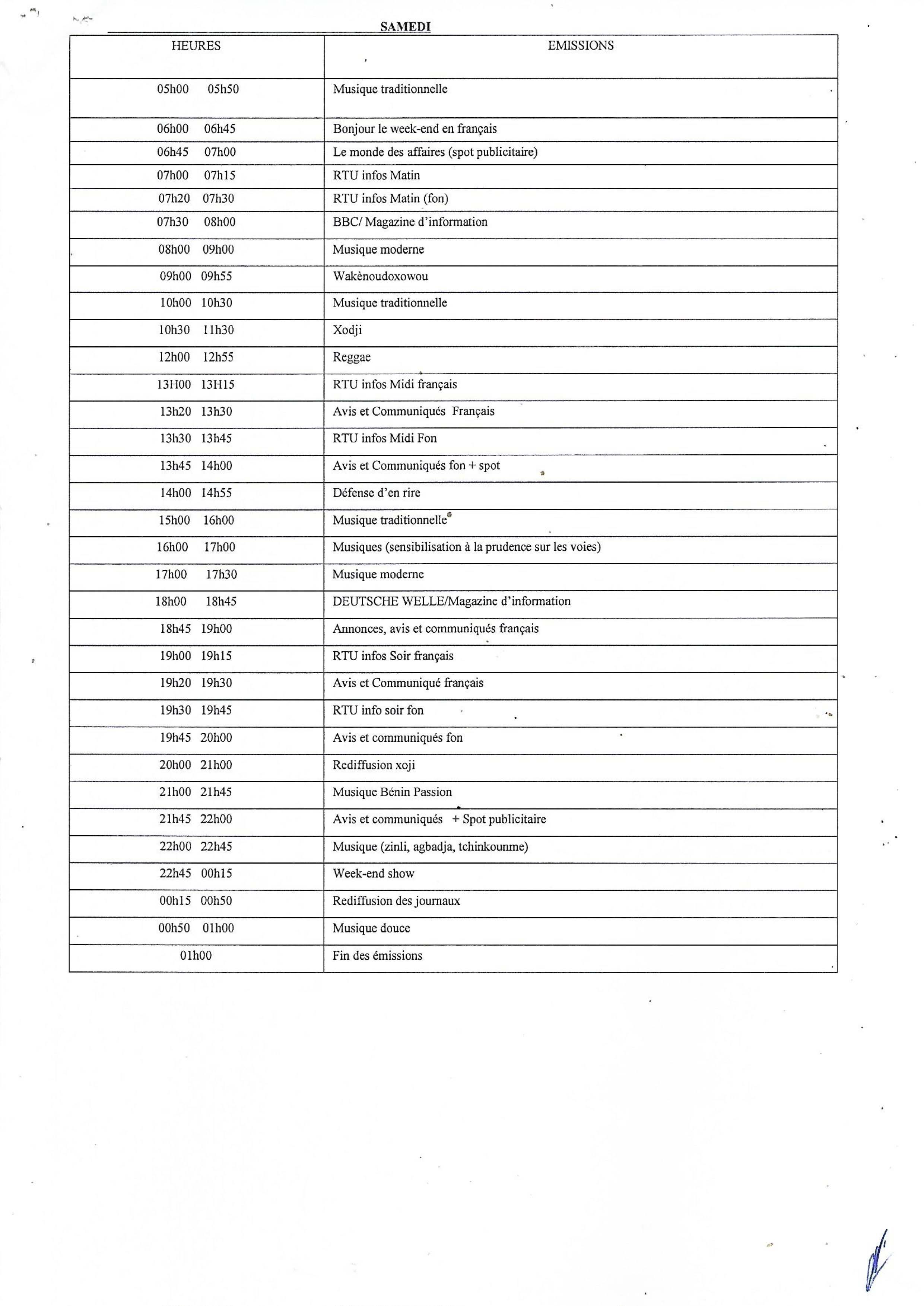 Programme du samedi de la RTU